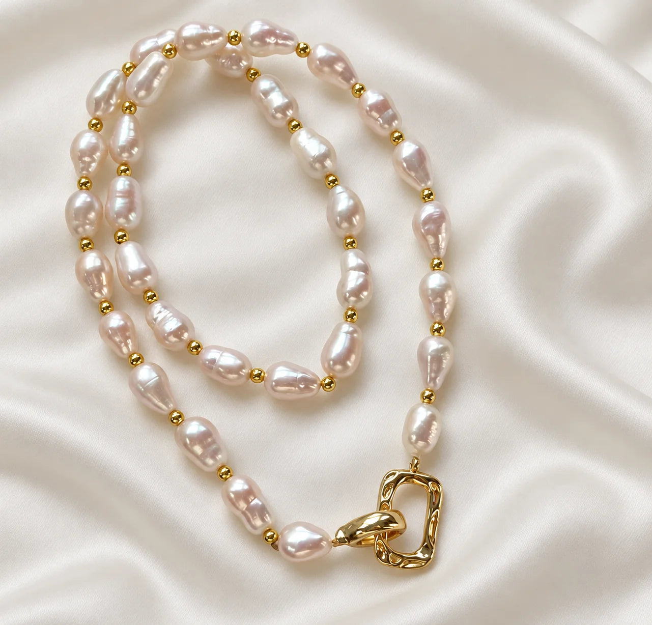 Blush Baroque Pearl Necklace with Gold-Tone Bead Accents