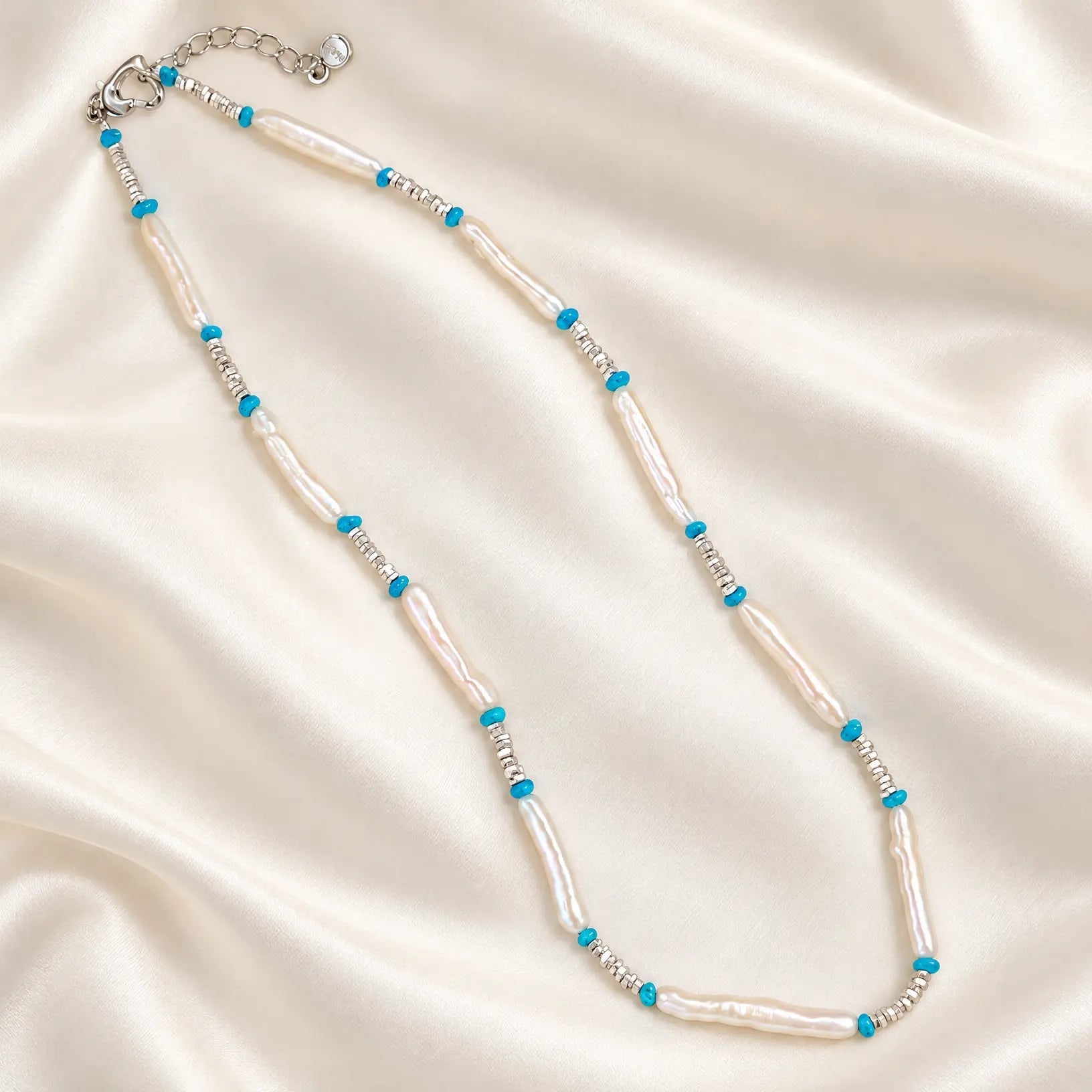 Ivory Baroque Pearl Necklace with Turquoise-Tone Accents