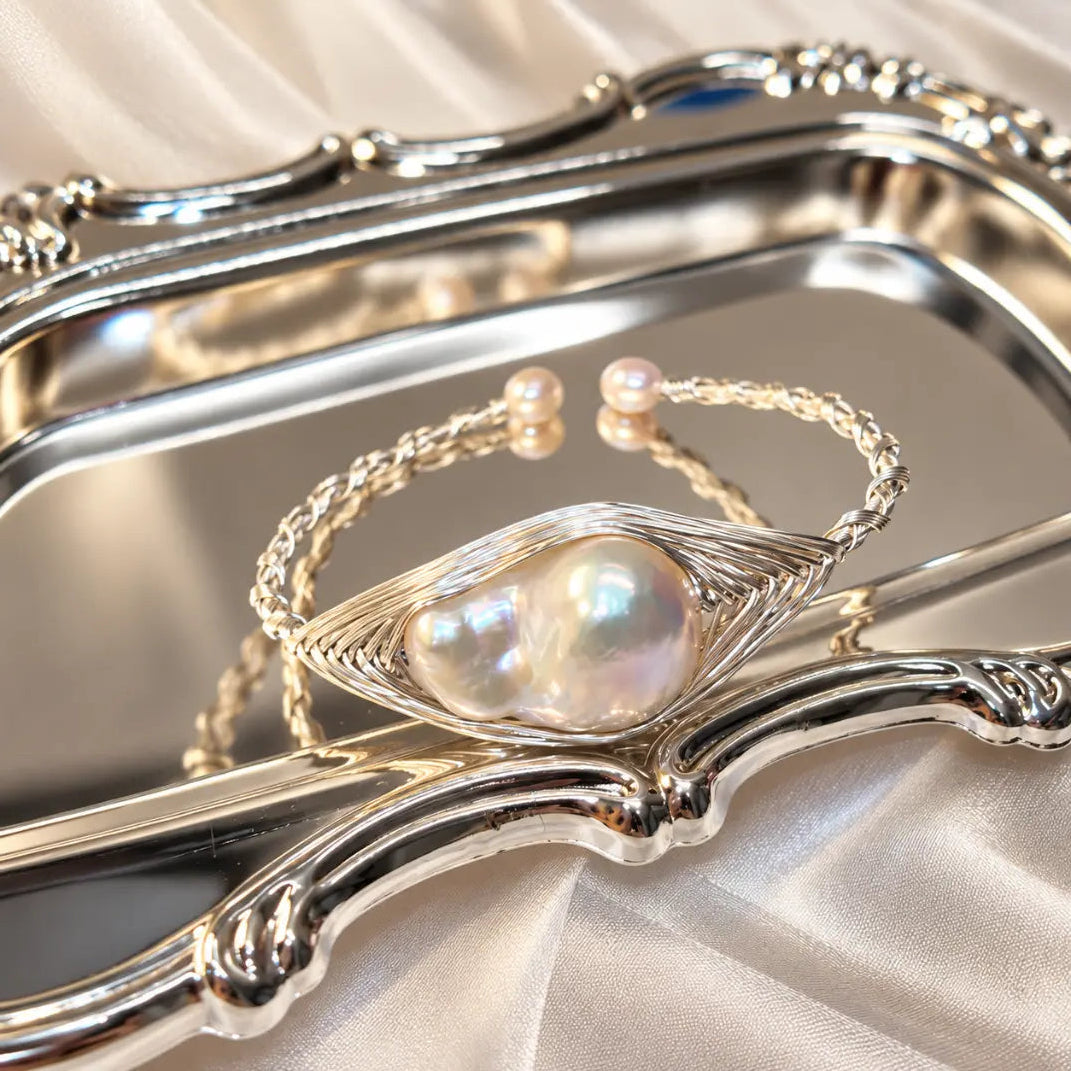 White Baroque Pearl Open-Cuff Wire-Wrapped Bracelet