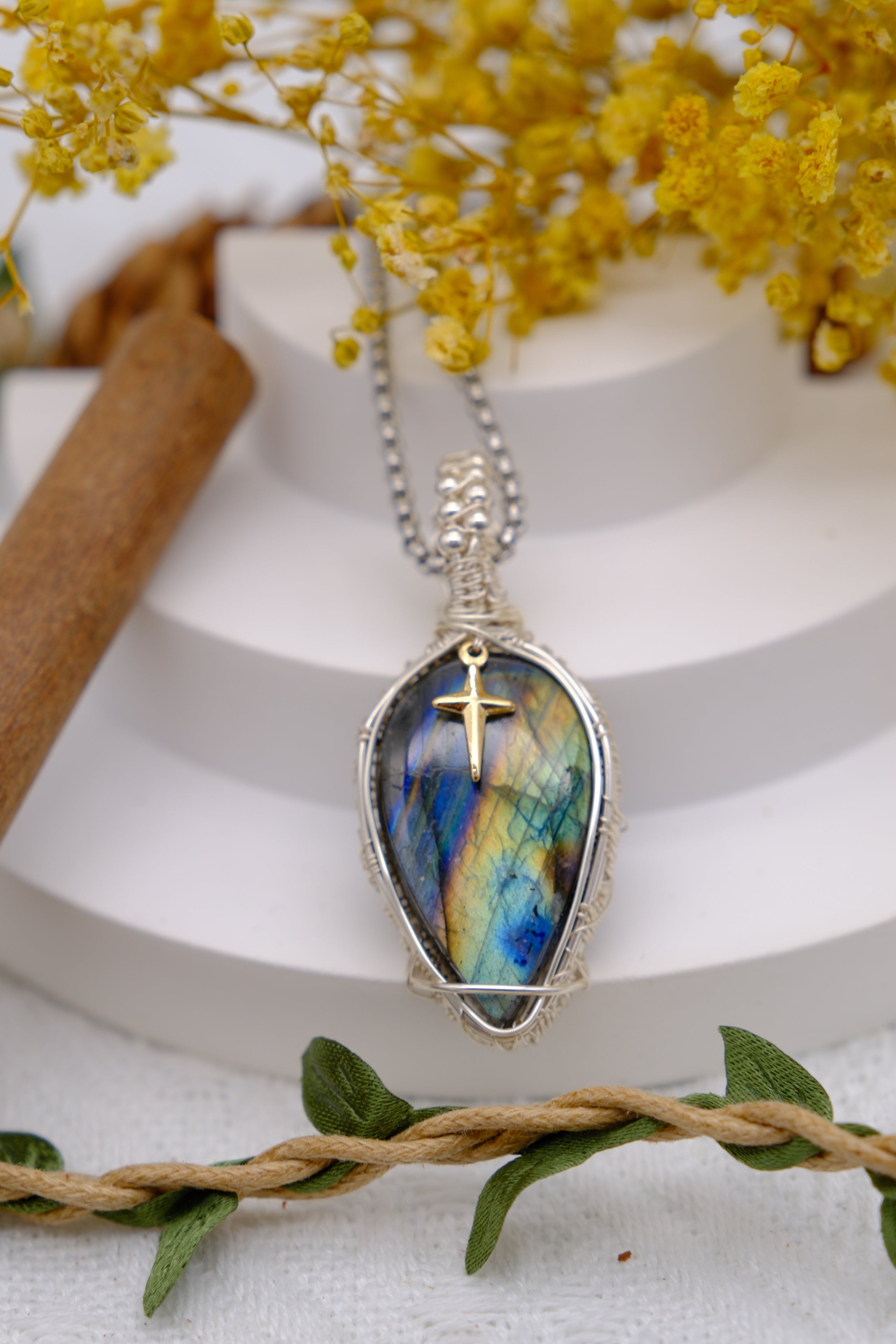 Golden Cross Handcrafted Pendant Necklace with Labradorite