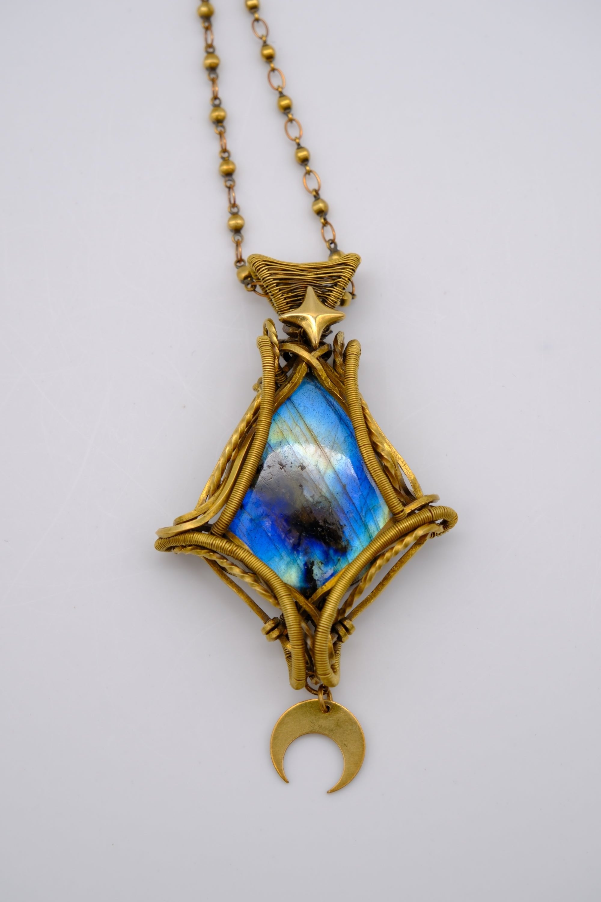 Golden Wire-Wrapped Labradorite with Celestial Accents