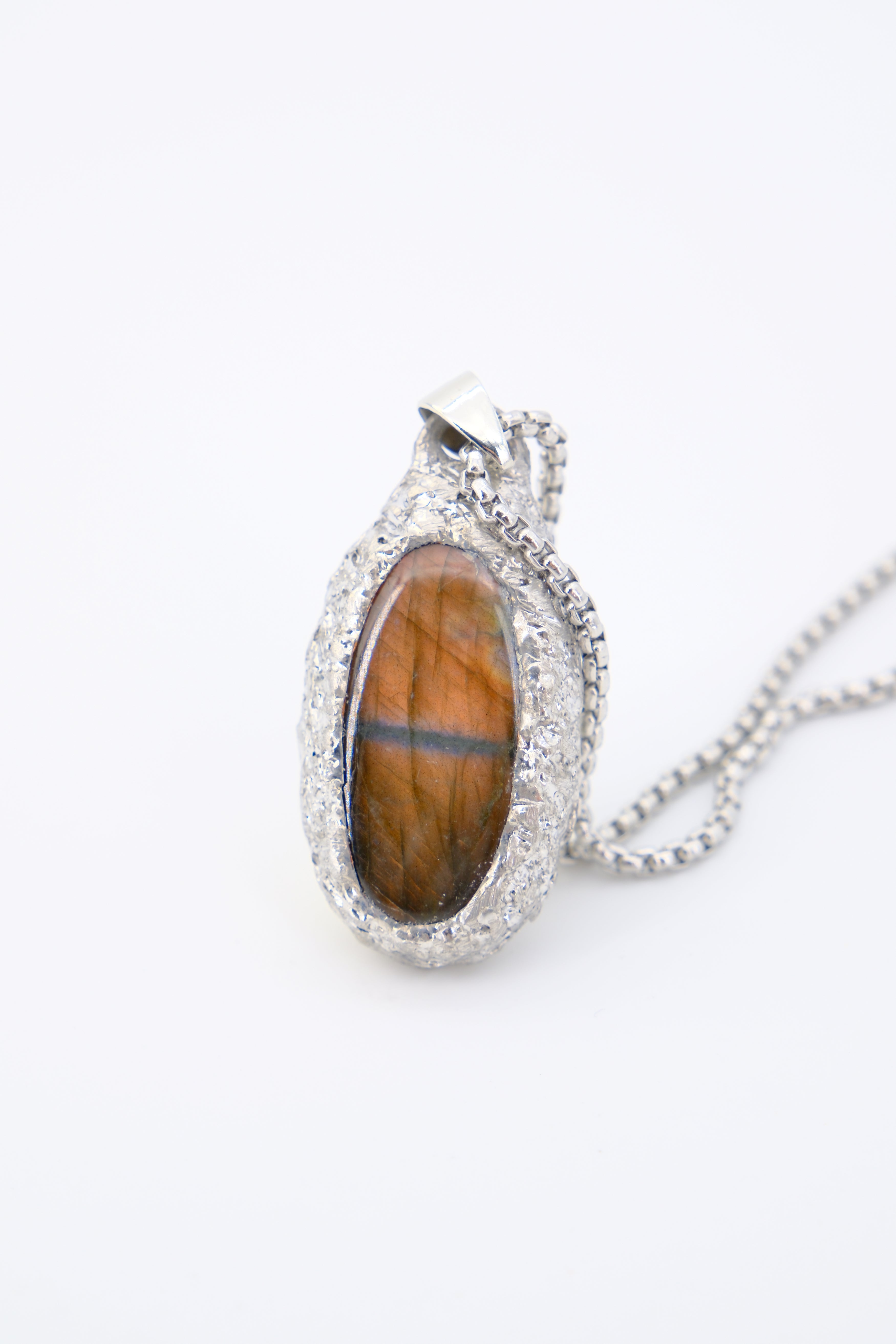 Labradorite Pendant Necklace: Oval Stone in Textured Silver