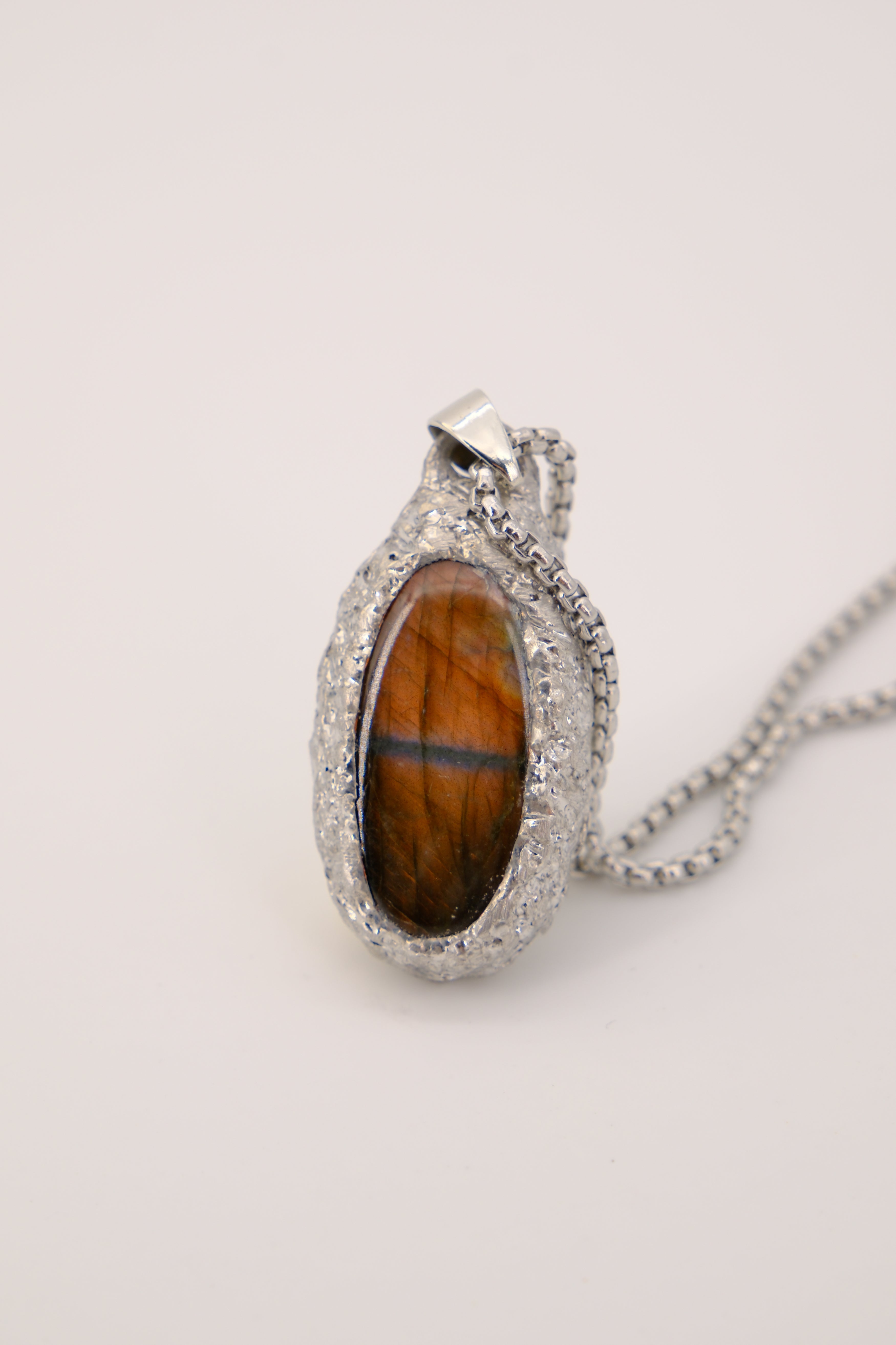 Labradorite Pendant Necklace: Oval Stone in Textured Silver